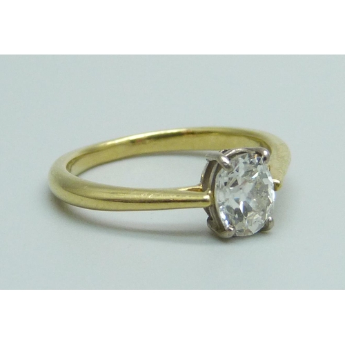 919 - A yellow metal and oval cut diamond solitaire ring, 2.4g, size J, diamond approximately 5mm x 6mm, t... 