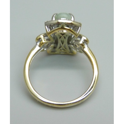 922 - A silver gilt, jade and fourteen diamond designer ring, R