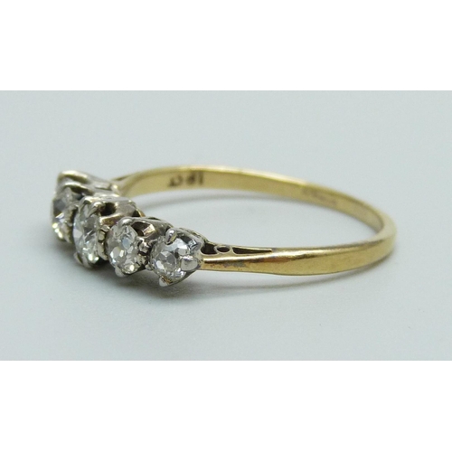 923 - An 18ct gold, five stone diamond ring, approximately 0.70 diamond weight, 2.2g, P, with vintage box