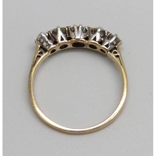 923 - An 18ct gold, five stone diamond ring, approximately 0.70 diamond weight, 2.2g, P, with vintage box