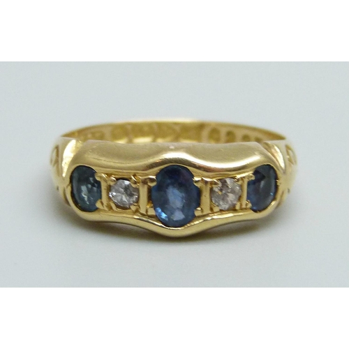 930 - An 18ct gold, sapphire and diamond ring, Chester 1912, 3g, N