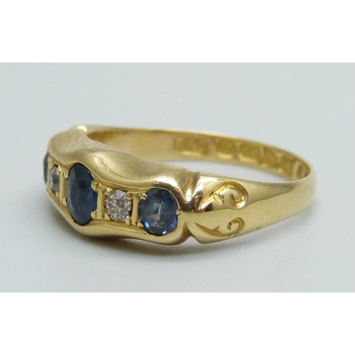 930 - An 18ct gold, sapphire and diamond ring, Chester 1912, 3g, N