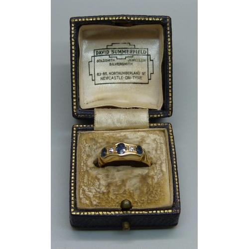 930 - An 18ct gold, sapphire and diamond ring, Chester 1912, 3g, N