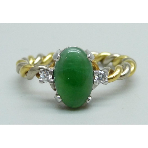 935 - An 18ct gold, jade and diamond ring, 3.8g, M