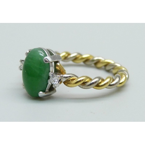 935 - An 18ct gold, jade and diamond ring, 3.8g, M