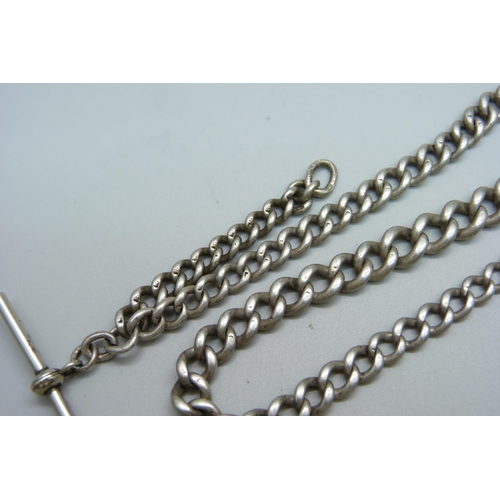 942 - A silver Albert with base metal T-bar and swivel