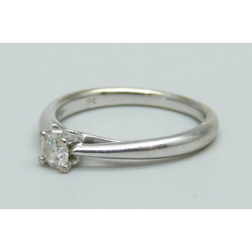 958 - A 9ct white gold and diamond solitaire ring, 1.9g, J