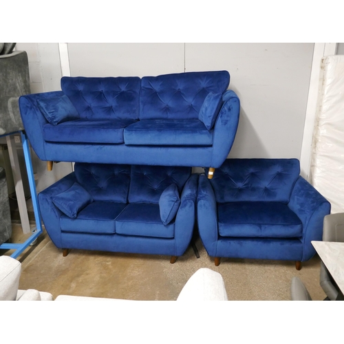 1397 - A Hoxton blue velvet three seater sofa, two seater sofa and armchair RRP £2297