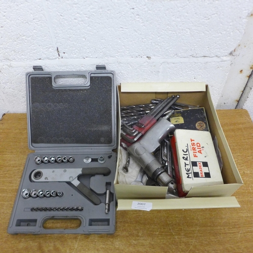 2007 - A box of hand tools including air drill, spanners, allen keys, drill bits and power wrench