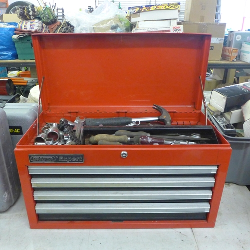 2042 - A Draper Expert red metal 4 drawered tool chest with quantity of hand tools including sockets, files... 