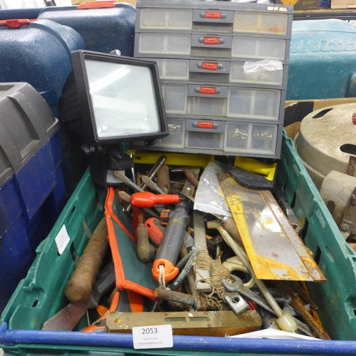 2053 - A box of assorted hand tools including a homebase hand saw, an IQ group 500w security light, spanner... 