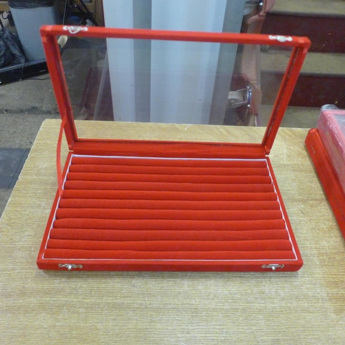 2108 - Three red velvet ring case display boxes