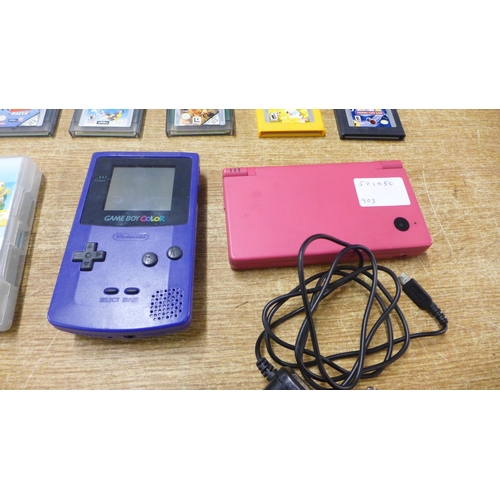 2119A - A purple Gameboy Colour with a collection of games including Pokémon yellow, Pokémon Trading Card Ga... 