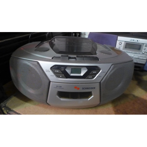 2141 - A Sony CFD-S37L CD radio cassette-corder, a Schneider SP108 portable CD player with tuner and casset... 
