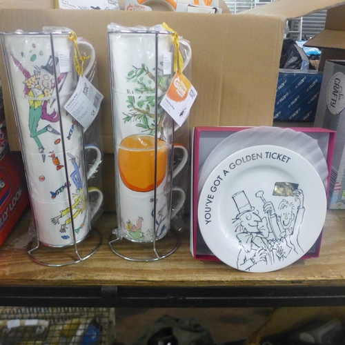 2389 - A quantity of mug stacks, breakfast sets and tea towels with Roald Dahl style artwork