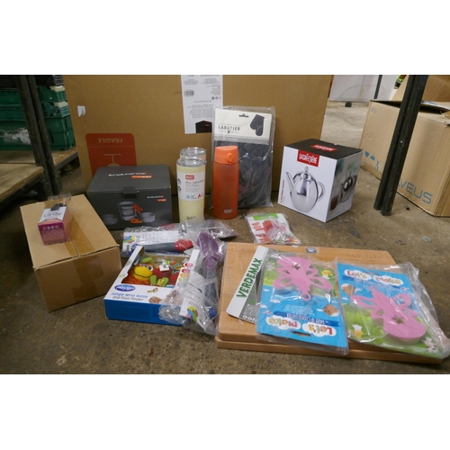 2345 - A box of kitchen equipment including chopping boards, teapot, baby bottles - unused and a large blac... 