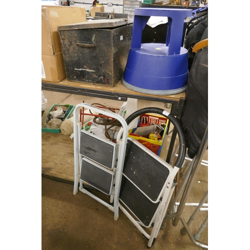 2348 - 2 x 2 rung step ladders, a kick stool and a lockable strong box