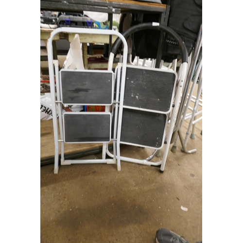 2348 - 2 x 2 rung step ladders, a kick stool and a lockable strong box