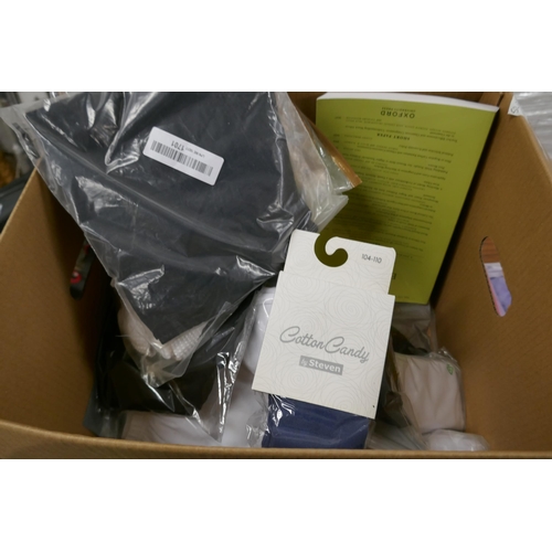 2351 - A box of 40 unused items, mostly clothes including flip flops, shirts, the economic journal, ect.