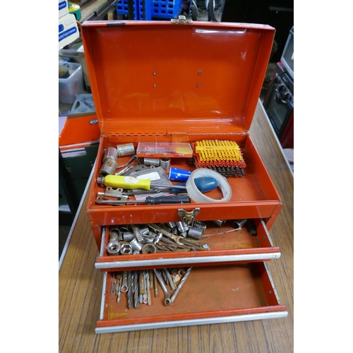 2363 - A red metal tool box with various sockets and drill bits