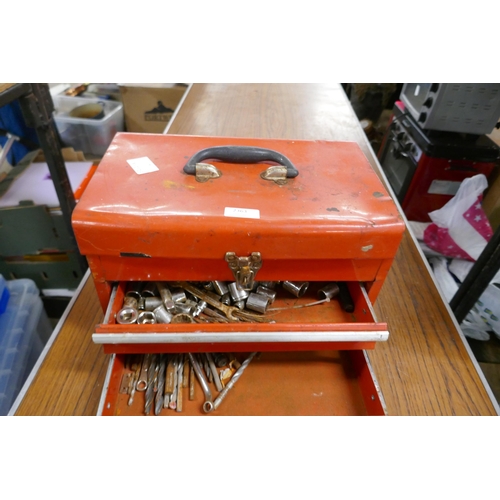 2363 - A red metal tool box with various sockets and drill bits