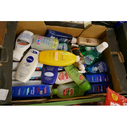 2366 - A box of various bathroom items including: Dove nourishing lotion, Nivea moisturising cream, Dentyl ... 