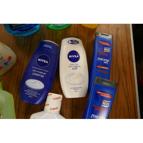 2366 - A box of various bathroom items including: Dove nourishing lotion, Nivea moisturising cream, Dentyl ... 