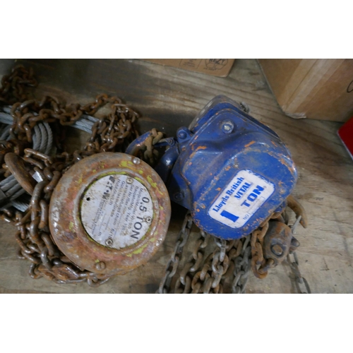 2371 - A quantity of D-links and 2 block and tackle pulleys - 1 Lloyds British Vital 1 ton and one Eaton 0.... 