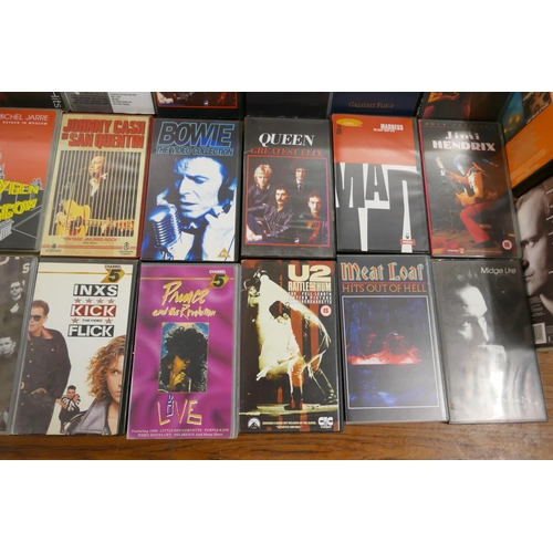 2404 - A collection of VHS video recordings including Prince, Jimi Hendrix, Eurythmics, Depeche Mode, Queen... 