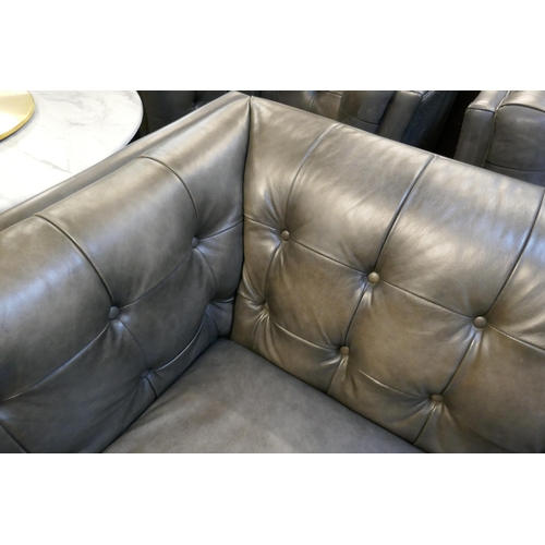 1550 - Vintage flint leather buttoned three seater sofa, two seater sofa and armchair - damaged leather