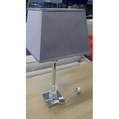 1585 - A glass and chrome table lamp with grey fabric shade