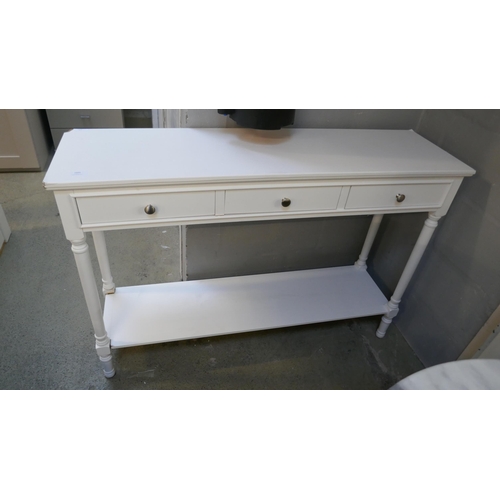 1605 - A white wooden three drawer console table (damaged)