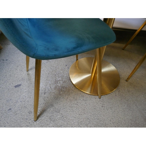 1606 - A marble effect circular table with two blue velvet upholstered chairs