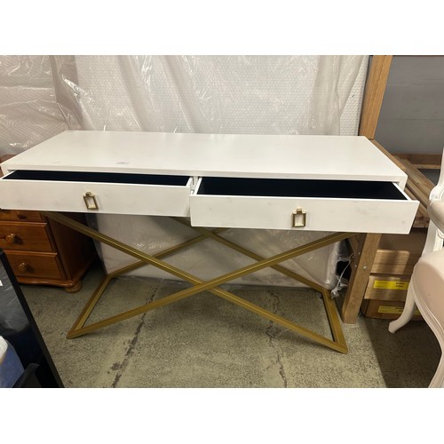 1594 - A white two drawer console table with gold legs