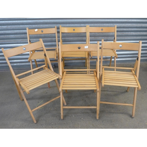 2270 - 6 Wooden garden deckchairs and three canvas deckchairs