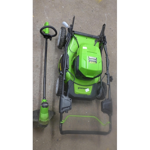 2297 - A Greenworks G24X2LM46S 48v cordless lawn mower with collection box, two 24v rechargeable Li-Ion bat... 