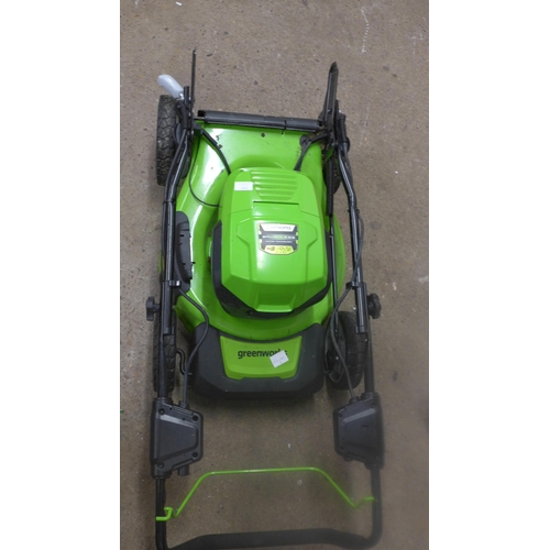 2297 - A Greenworks G24X2LM46S 48v cordless lawn mower with collection box, two 24v rechargeable Li-Ion bat... 