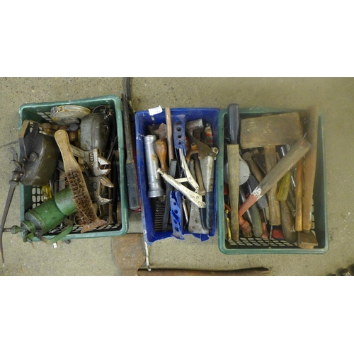 2305 - 2 Buckets and 3 trays of assorted hand tools- including saws, axes, mortice chisels, oil cans, spann... 