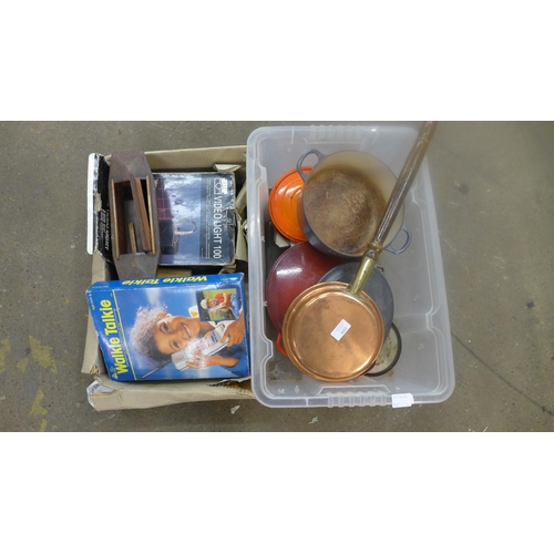 2309 - A box of pots and pans including Le Creuset with quantity of vintage items including flat iron, walk... 