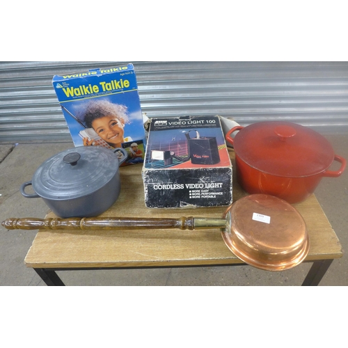 2309 - A box of pots and pans including Le Creuset with quantity of vintage items including flat iron, walk... 