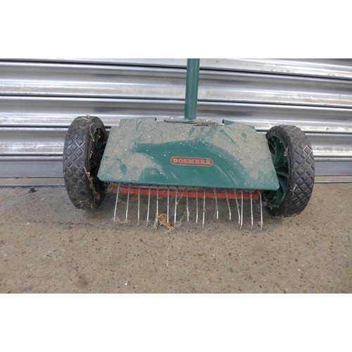 2250 - A Qualcast electric rear roller cylinder mower (SCM32A) and a Bosmere lawn raker