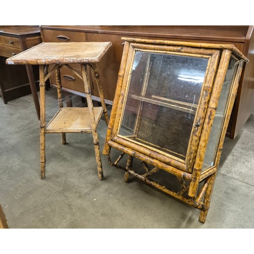 121 - A Victorian Aesthetic Movement bamboo occasional table and wall mounted cabinet