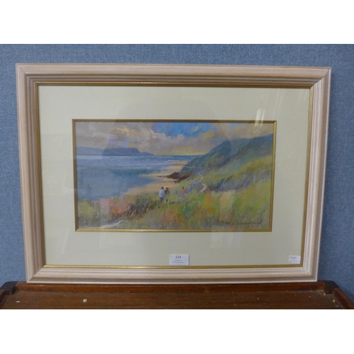 324 - Jane Lampard, coastal landscape, watercolour and pastel, framed