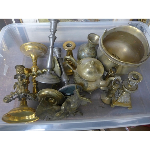 333 - Assorted brassware, pewter candlesticks, Indian brass vase, teapot, etc.