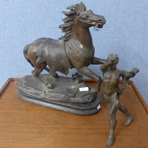 334 - A spelter figure of a horse and man, a/f