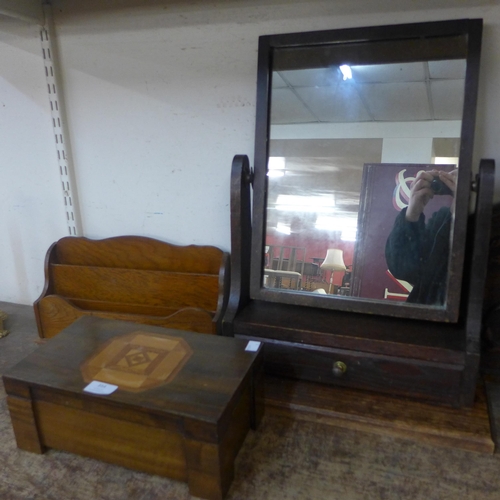 354 - An oak toilet mirror, a letter rack and an inlaid jewellery box