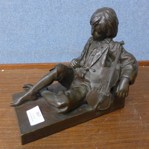 367 - After Leon Tharel (Swiss), bronze figure of a recumbent violinist, 19.5cms