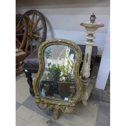 371 - A 19th Century gilt gesso framed girandole mirror, lamp base and stool