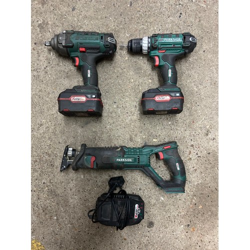 2056 - 3 Parkside power tools - PAB20LID5 20v drill, PASSK20 LiAi 20v impact wrench and a PSSA 20-Li Ai rec... 