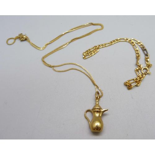 1008 - An 18ct gold charm on a fine 18ct gold chain, 3.8g, 49cm, and a scrap 9ct gold bracelet, 2.2g